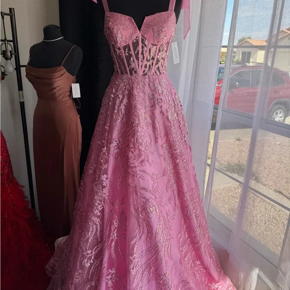 Pink Beaded Corset Dress with Bow Straps - Picture 2 of 7